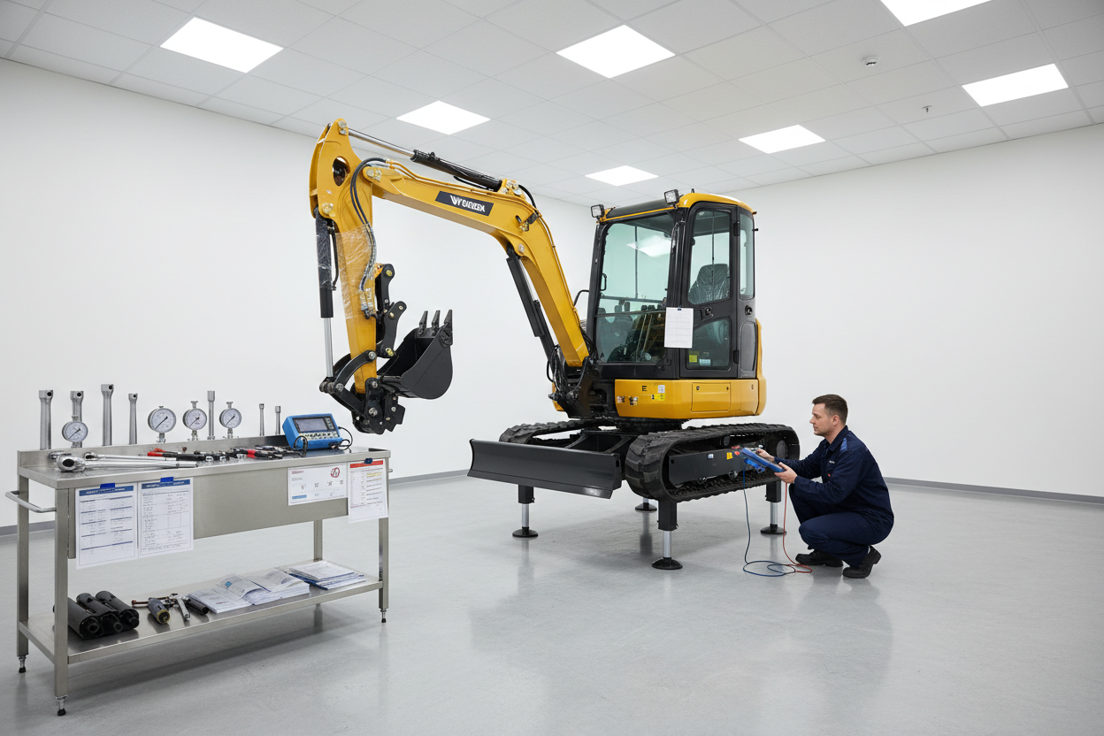 A clean industrial inspection bay with bright overhead lighting, featuring a freshly delivered mini excavator elevated slightly on stabilizers. A technician wearing a uniform is inspecting hydraulic lines with a digital diagnostic tool. Nearby on a workstation table are mechanical gauges, torque wrenches, test reports, and quality-check documents with stamps. The excavator has clean paint, protective wrapping on certain parts, and a checklist tag hanging from one handle. Environment looks modern, profession