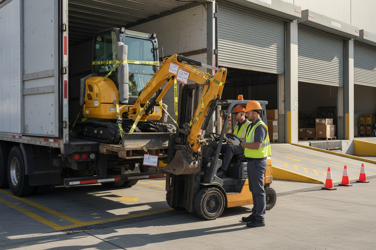 A commercial freight truck with its rear open, revealing a mini excavator strapped on a steel pallet inside. The excavator is wrapped with protective foam on edges and labeled with caution tape and delivery tags. A forklift operator assists in unloading while a delivery agent documents the handover using a tablet. A warehouse loading dock in the background, ramp down, industrial yellow floor markings, safety cones visible. Bright morning sunlight, cinematic shadows, perfect realism showing straps, packaging