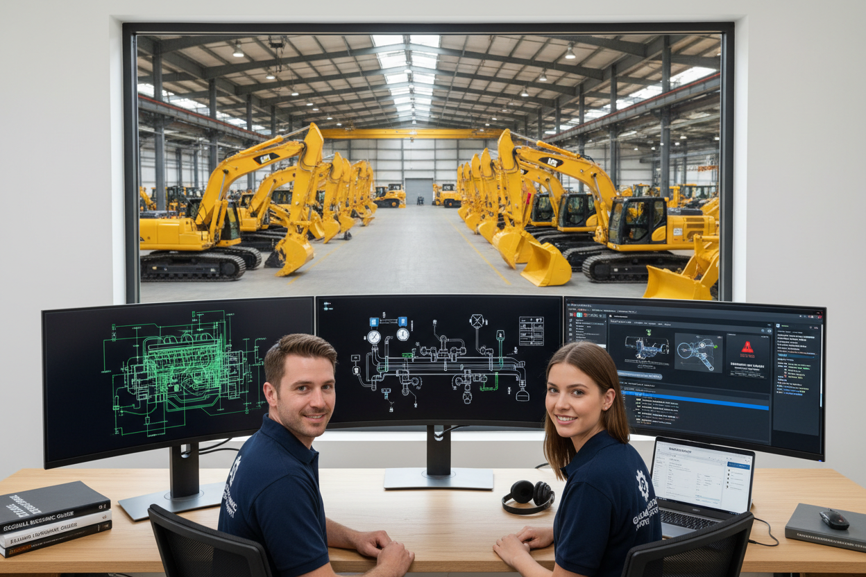 A modern service office setting—two knowledgeable support specialists at a workstation with multiple screens displaying excavator diagrams, hydraulic blueprints, and live customer chats. Behind them, an open window view showing a warehouse with machinery lined neatly. The specialists look confident and approachable, wearing branded workwear. On screens, visible interface mockups showing engine diagnostics and part recommendations. Desk includes manuals, headset, and laptop running support software. Clean li