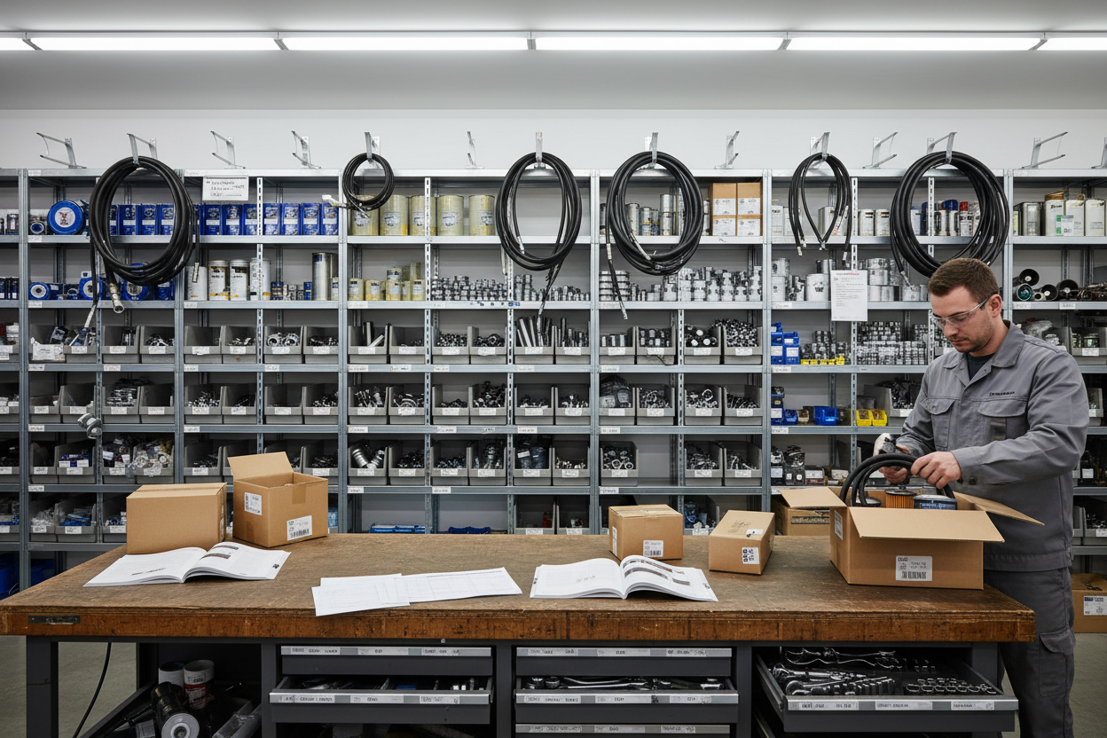 A neatly organized parts facility with wall racks full of hydraulic hoses, filters, oil cans, pins, metal brackets, quick coupler bolts, and seals—all labeled and arranged. In front, a workbench with open tool drawers, part numbers, packing boxes, and maintenance manuals. A technician is packaging parts into small shipping boxes with labeled barcodes. Lighting is soft industrial white, background blurred slightly to emphasize parts packaging. High realism showing metal reflection, rubber surface detail, and