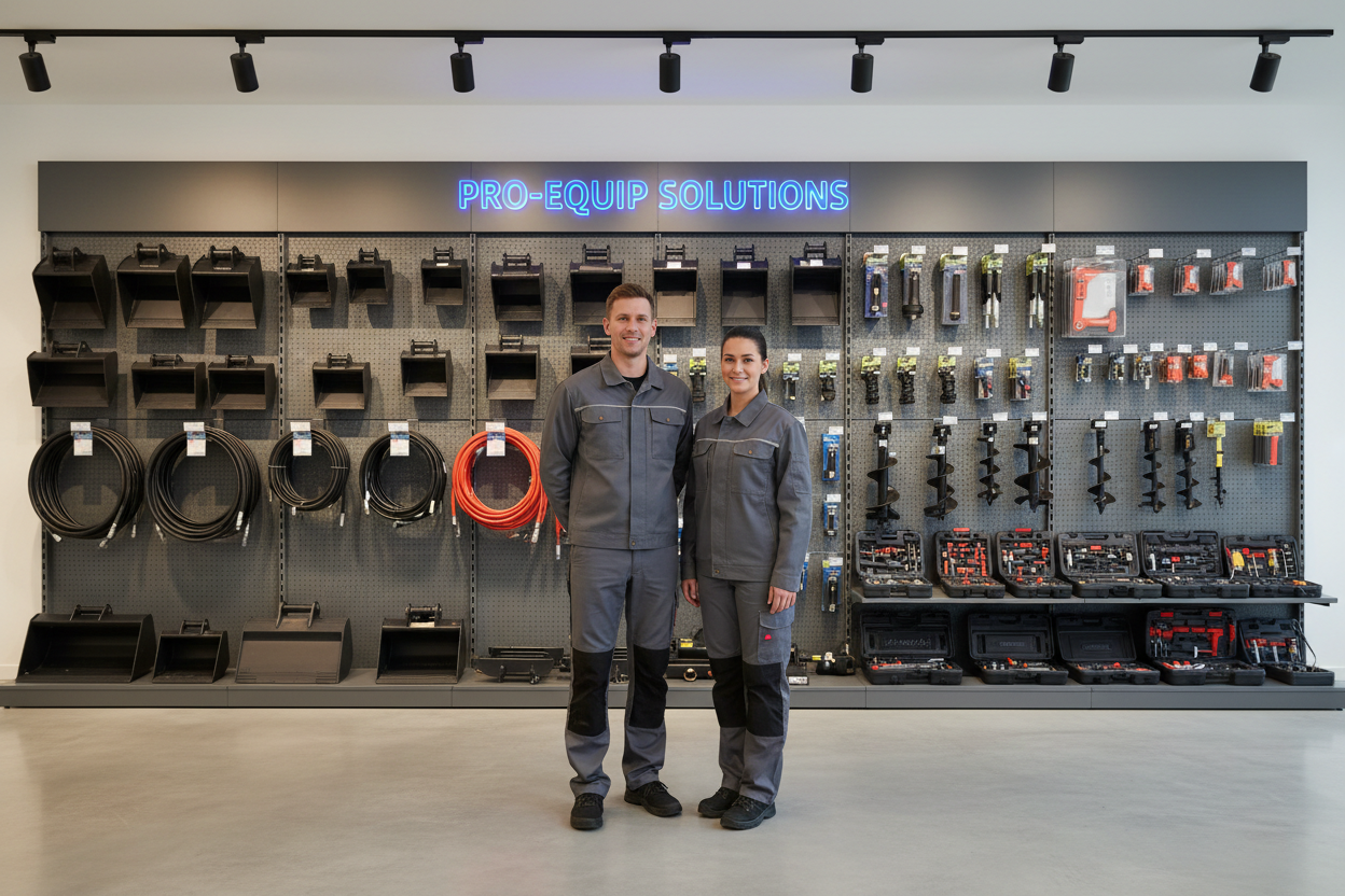 A professional commercial showroom scene featuring two equipment experts—one male, one female—standing confidently side-by-side, smiling warmly, and looking directly at the camera. The background shows a sleek industrial-style machinery store with mini excavator attachments, hydraulic hoses, buckets, augers, quick-hitch couplers, and tool kits organized neatly on modern wall racks and shelves. Soft overhead lighting creates a clean, high-end environment. The floor is polished, reflective concrete. Display s