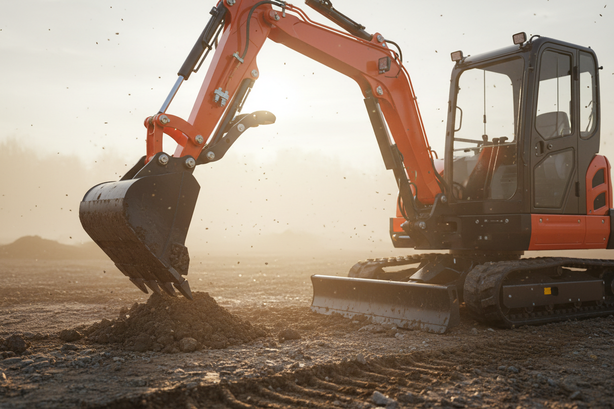 Cinematic ultra-realistic close-to-mid shot of a brand-new mini excavator positioned diagonally on a rugged dirt construction site. Early golden sunrise hitting the metal surface with warm highlights, soft environmental fog settling behind, dust particles visible through sunbeams. The bucket is slightly lifted filled with textured loose soil, hydraulic lines detailed, shiny bolts, scratches-free glossy paint, subtle reflections from morning light. Muddy ground with visible tire tracks, small rocks and soil 