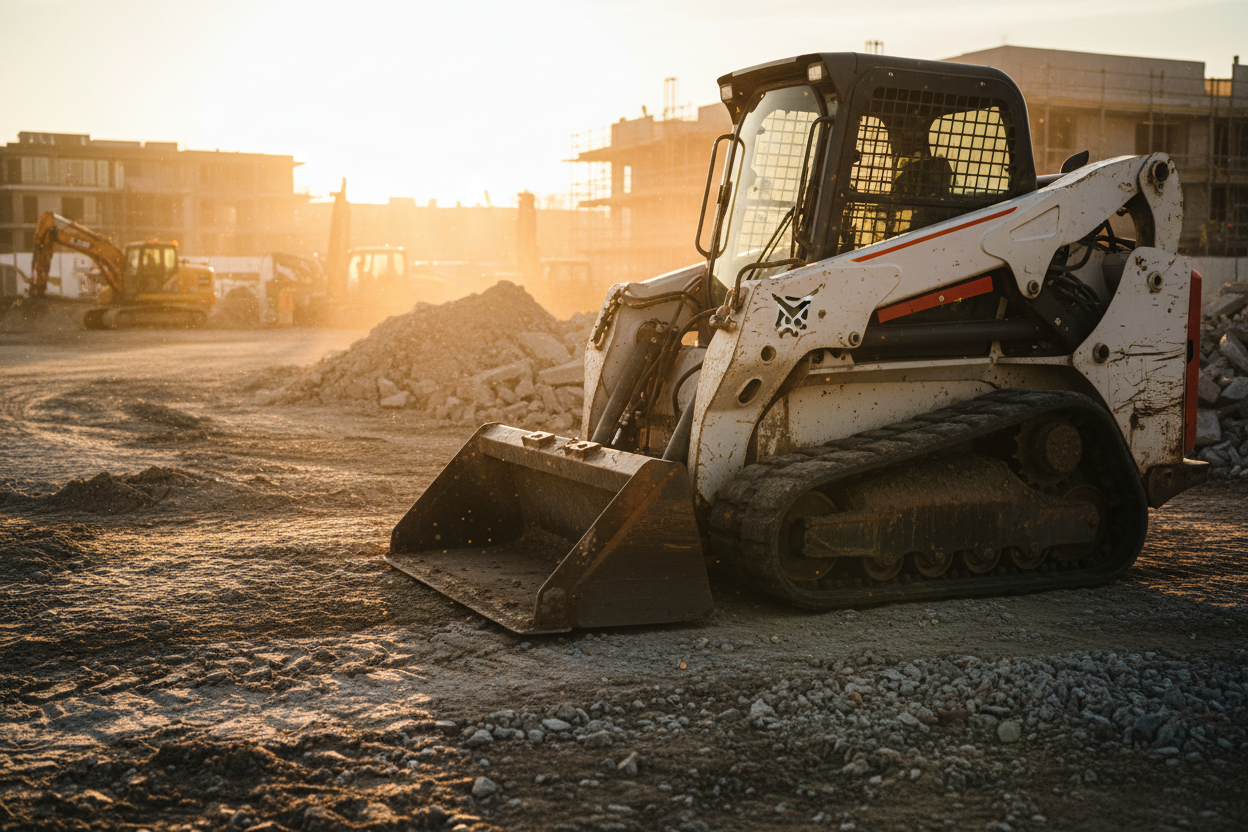 Ultra-cinematic commercial photo of a compact construction machine (mini excavator, tractor, or skid steer) showcased on a real jobsite at golden hour, positioned hero-style at a 45° angle, sharp focus on hydraulic arms, control systems, and textured steel frame, the ground showing realistic dirt buildup, gravel, tire tracks, and broken soil. Sunlight beams coming from the side, casting dynamic shadows with particles of dust floating in the air, HDR depth, realistic reflections on the machine’s cabin glass,