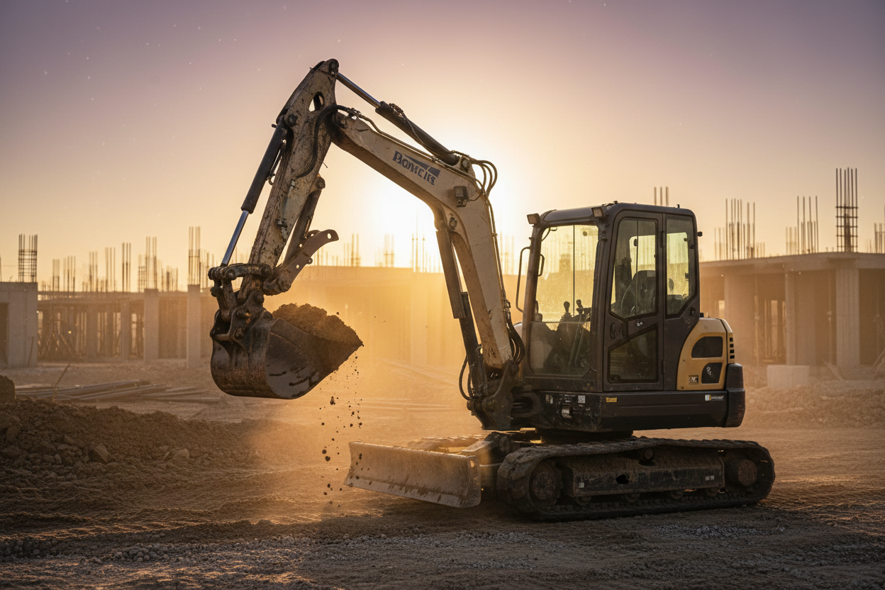 Ultra-cinematic shot of a compact mini excavator working at sunrise on a construction site. Soft golden sunlight hitting the machine, dramatic shadows, dust particles in the air, realistic textures. The excavator is digging into fresh soil with the bucket raised, hydraulic arms detailed and visible. High-end DSLR depth of field, slightly blurred background with semi-built structures, reflective metal surfaces, tire tracks on the ground. Cinematic film-style color grading, volumetric lighting, sharp focus on