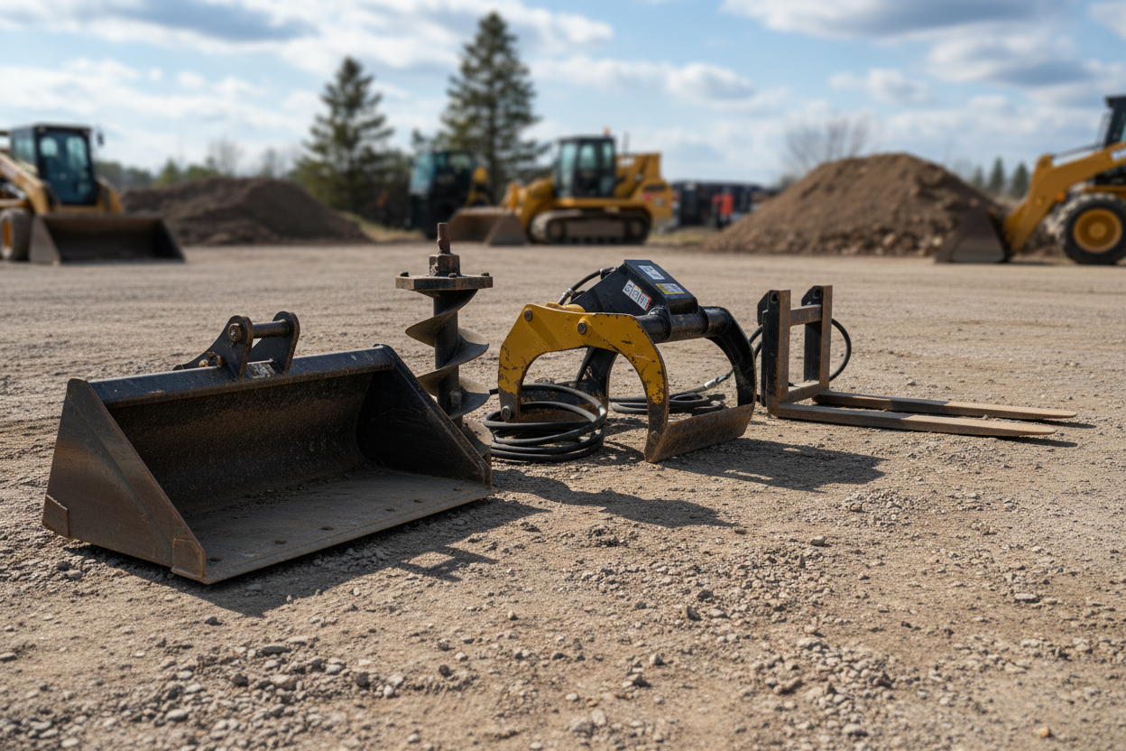 Ultra-realistic commercial photo featuring multiple mini skid steer attachments displayed outdoors on a rugged ground surface, shot in natural daylight with soft directional shadows; attachments include a bucket, auger, grapple, and pallet forks arranged neatly with slight spacing, metallic edges showing light wear, textured steel surfaces, hydraulic hoses coiled beside them, subtle dirt residue on cutting edges, natural reflections on painted surfaces, fine details like bolts, weld lines, grease points cle