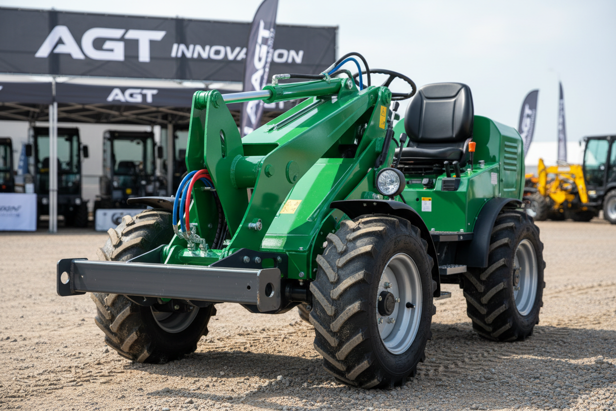 Ultra-realistic commercial photo of a brand-new AGT-style compact machine positioned at a professional outdoor display area, machine angled slightly toward the camera showcasing the front profile, glossy paint finish reflecting natural daylight, hydraulic lines visible, reinforced metal frame details sharp and textured, ground surface showing compacted gravel with realistic tire tracks, subtle dirt on wheels for authenticity, shot with shallow depth of field for machine emphasis, background softly blurred w