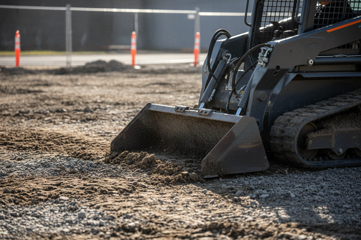 Ultra-realistic commercial photo of a brand-new mini skid steer loader working on a rugged construction site, positioned at a slight angle with the bucket lowered pushing fresh soil, hydraulic lines visible, rubber tracks with realistic dirt buildup, subtle scratches on metal edges, bright sunlight casting natural shadows, dust particles floating through the light, detailed gravel and moist soil in the foreground showing fresh tire impressions, background slightly blurred with construction cones, fence pane