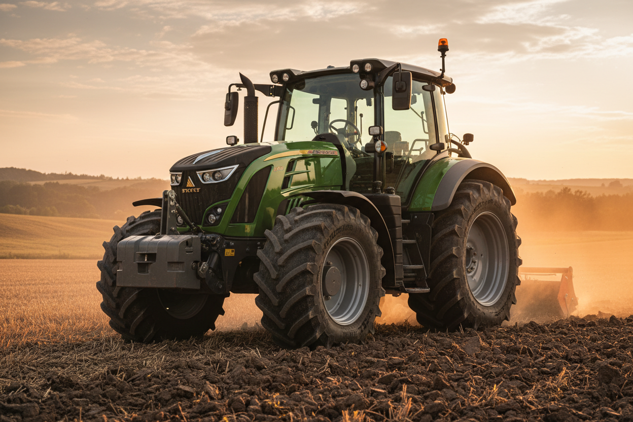 Ultra-realistic commercial photo of a full-size modern tractor parked on a freshly tilled field at golden hour, positioned at a low angle to emphasize its size and tire depth, detailed rugged tire tread covered with natural soil, polished metal body reflecting warm sunlight, hydraulic ports, hitch mount, and front loader arms clearly visible, subtle dust floating around, HDR clarity showing sharp reflections on glass cabin windows with steering controls visible inside, background softly blurred with rolling