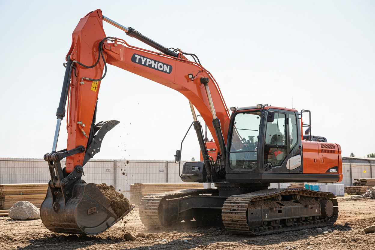 Ultra-realistic commercial photo of a Typhon excavator positioned at a slight angle on a rugged soil job site, bucket raised midway showing fresh dirt, sharp visible detailing on hydraulic arms, bolts, and hoses, signature Typhon styling clearly shown with glossy paint reflecting natural sunlight, subtle dirt buildup on tracks for authenticity, dust particles floating in the light, ground texture showing rocks, tire impressions, and disturbed soil, background slightly blurred with fencing, lumber stacks, an