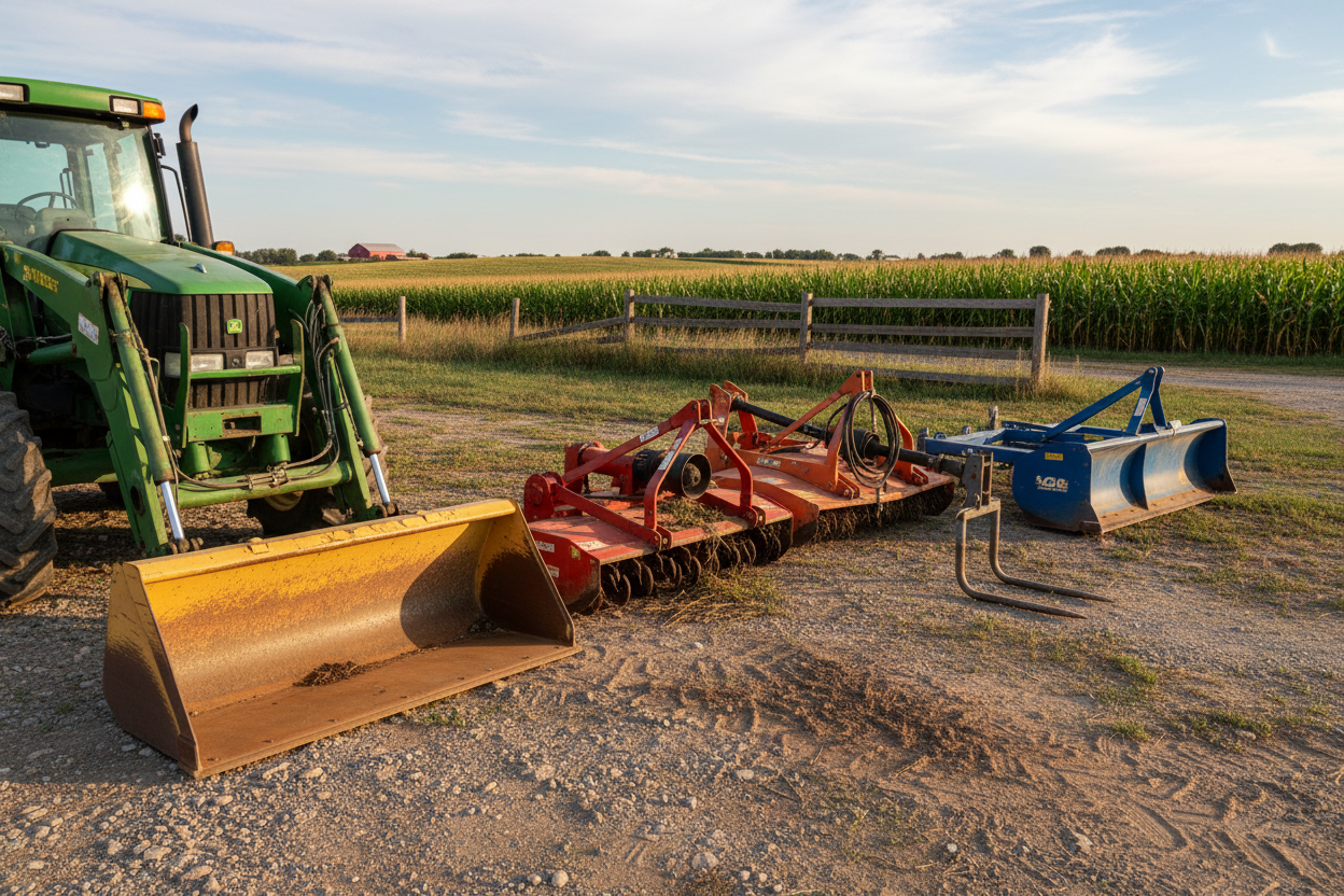 Ultra-realistic commercial photo showcasing tractor attachments arranged outdoors beside a full-size tractor, including a front loader bucket, rotary tiller, brush hog mower, bale spear, and box blade attachment; each positioned slightly apart to highlight edges, painted surfaces, and mounting points, subtle signs of real-world use like soil residue, worn blade edges, and hydraulic line fittings, shot under warm natural daylight with soft shadows, detailed ground texture showing gravel and tire marks, backg